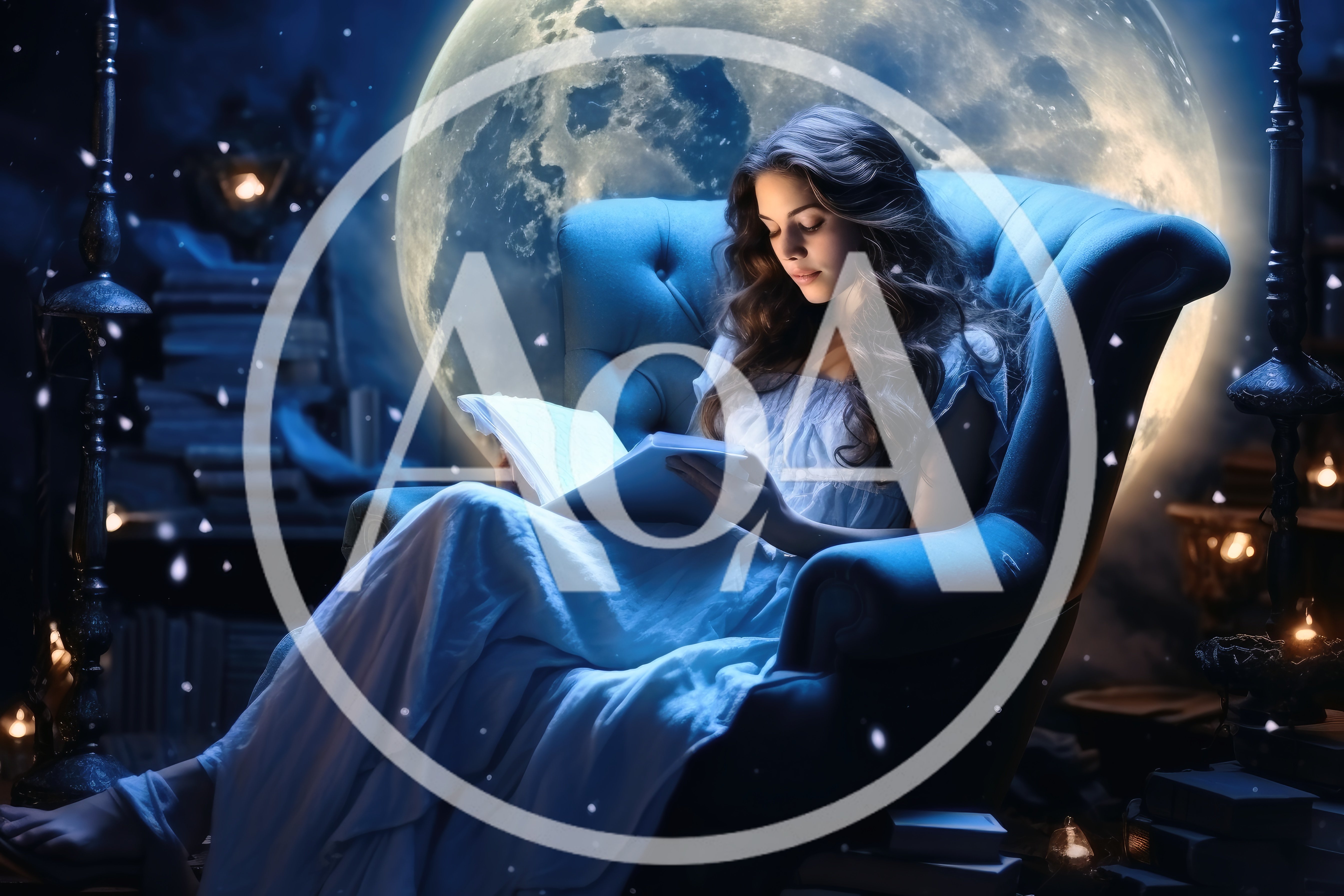 Young Woman Reading Book In Armchair Under Full Moon