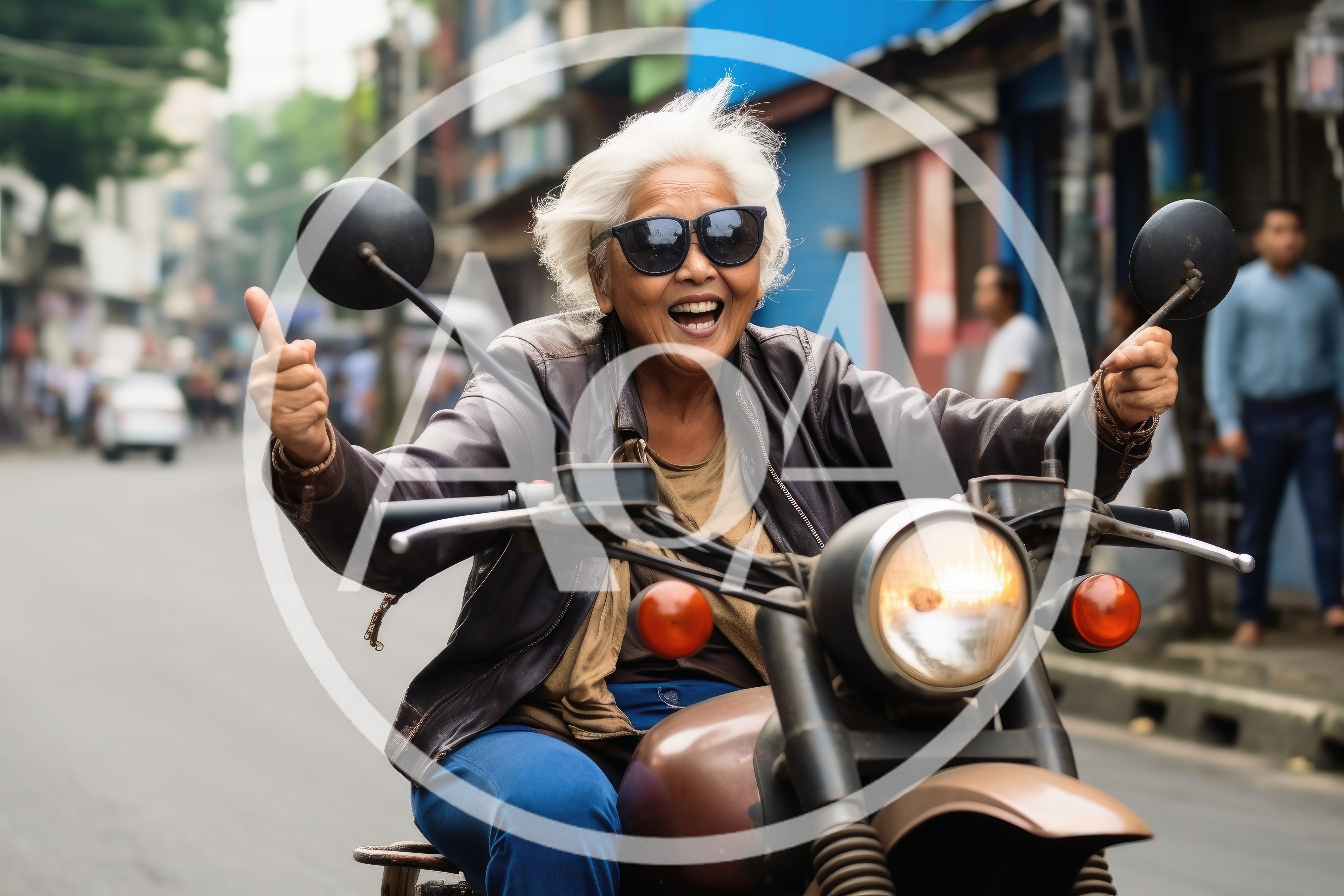 Elderly Woman Riding A Motorcycle Giving A Thumbs Up