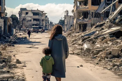 Woman And Child Walking Through War Torn City