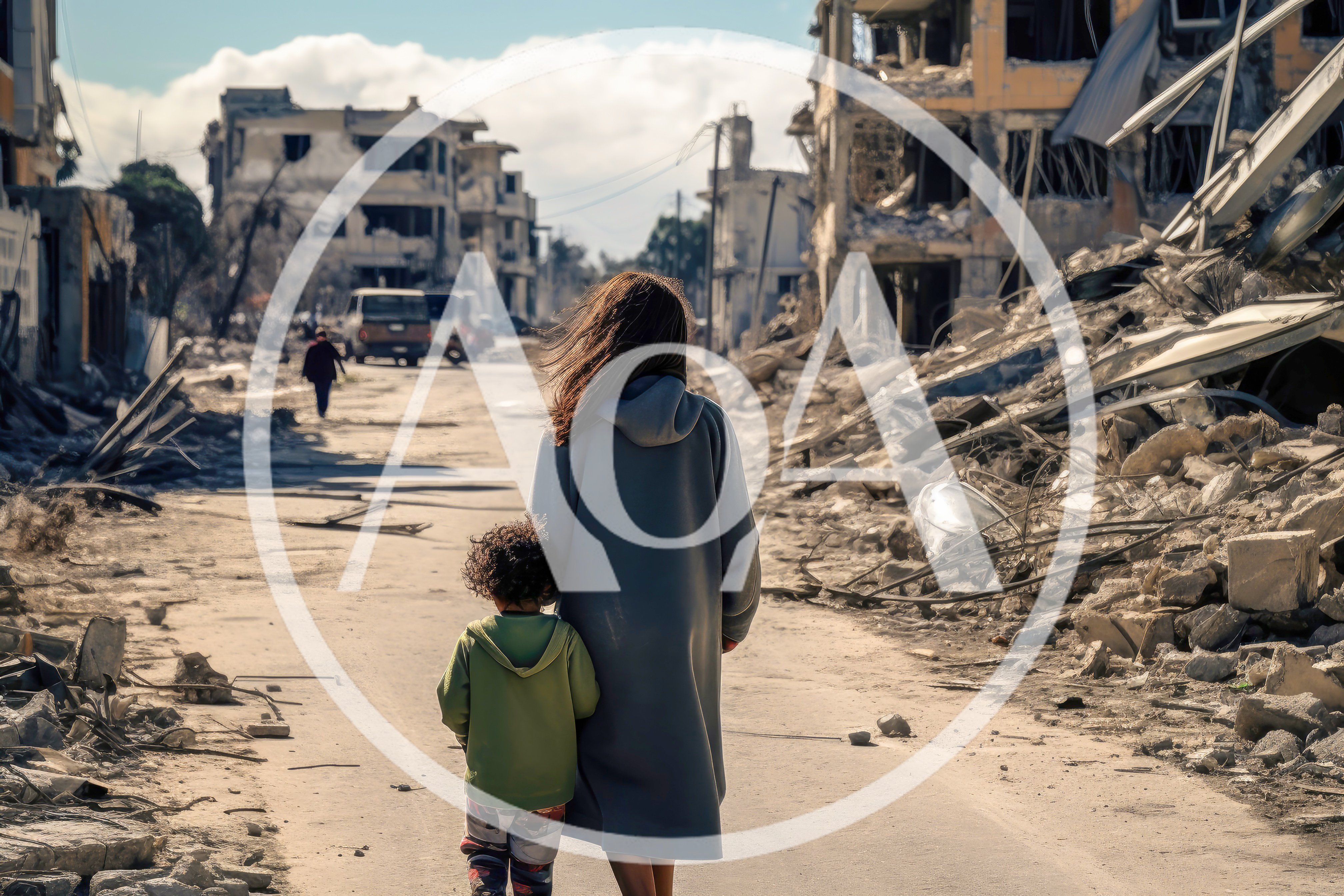 Woman And Child Walking Through War Torn City