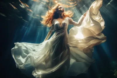 Woman In White Dress Floating Underwater