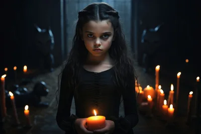 Young Girl Holding A Candle In A Dark Room