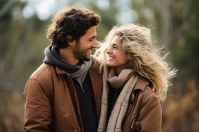 Happy Couple Embracing Outdoors In Autumn
