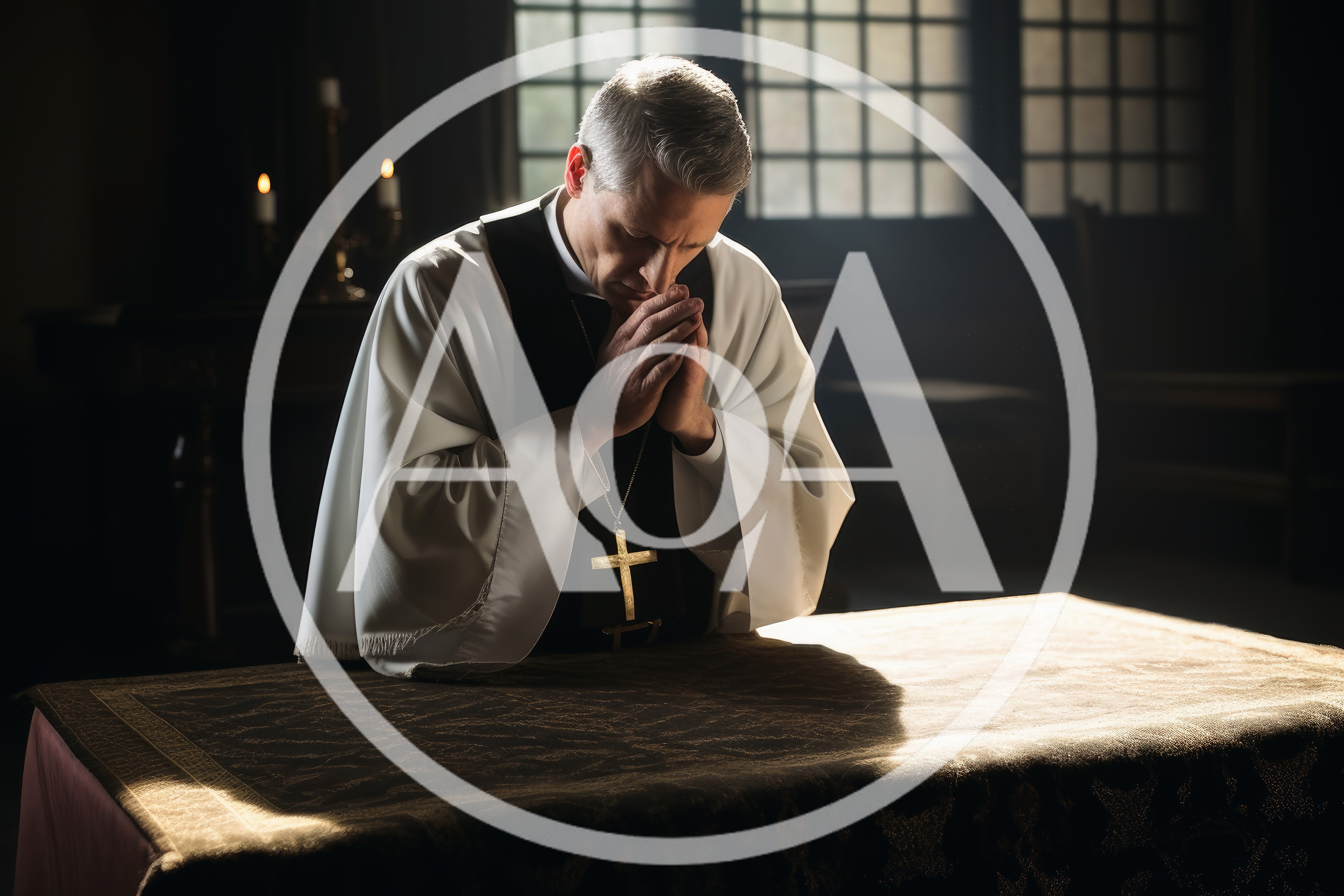 Priest Praying At An Altar In A Dimly Lit Church