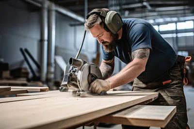 Professional Carpenter Cutting Wooden Board With Circular Saw