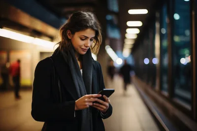 Young Woman Using Smartphone In Modern Urban Subway Station