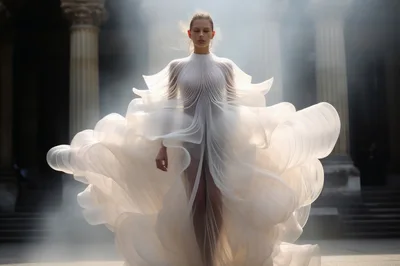 Model Wearing Ethereal Sculptural White Gown