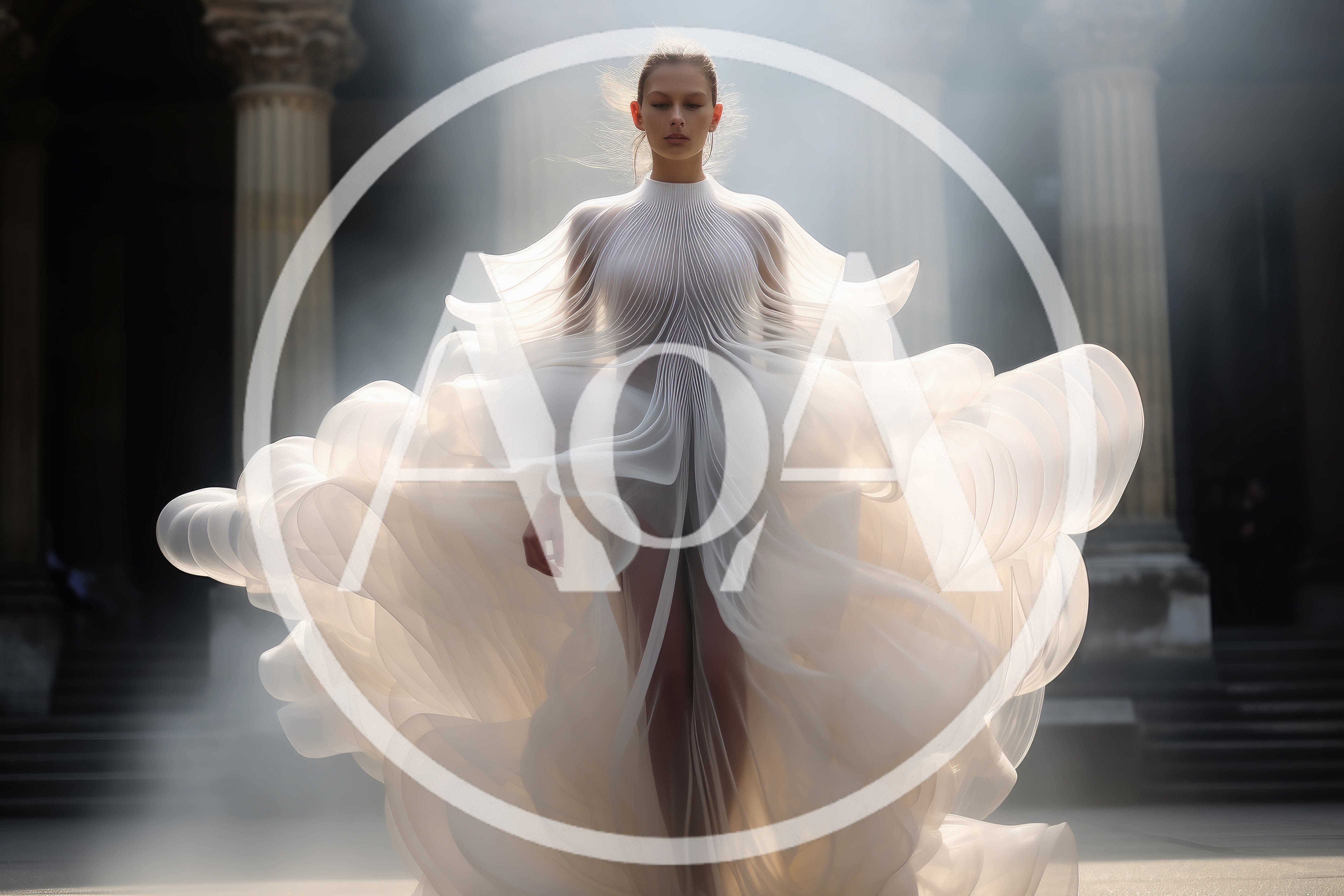 Model Wearing Ethereal Sculptural White Gown