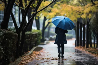 Person Walking With Blue Umbrella In Rainy Autumn Park