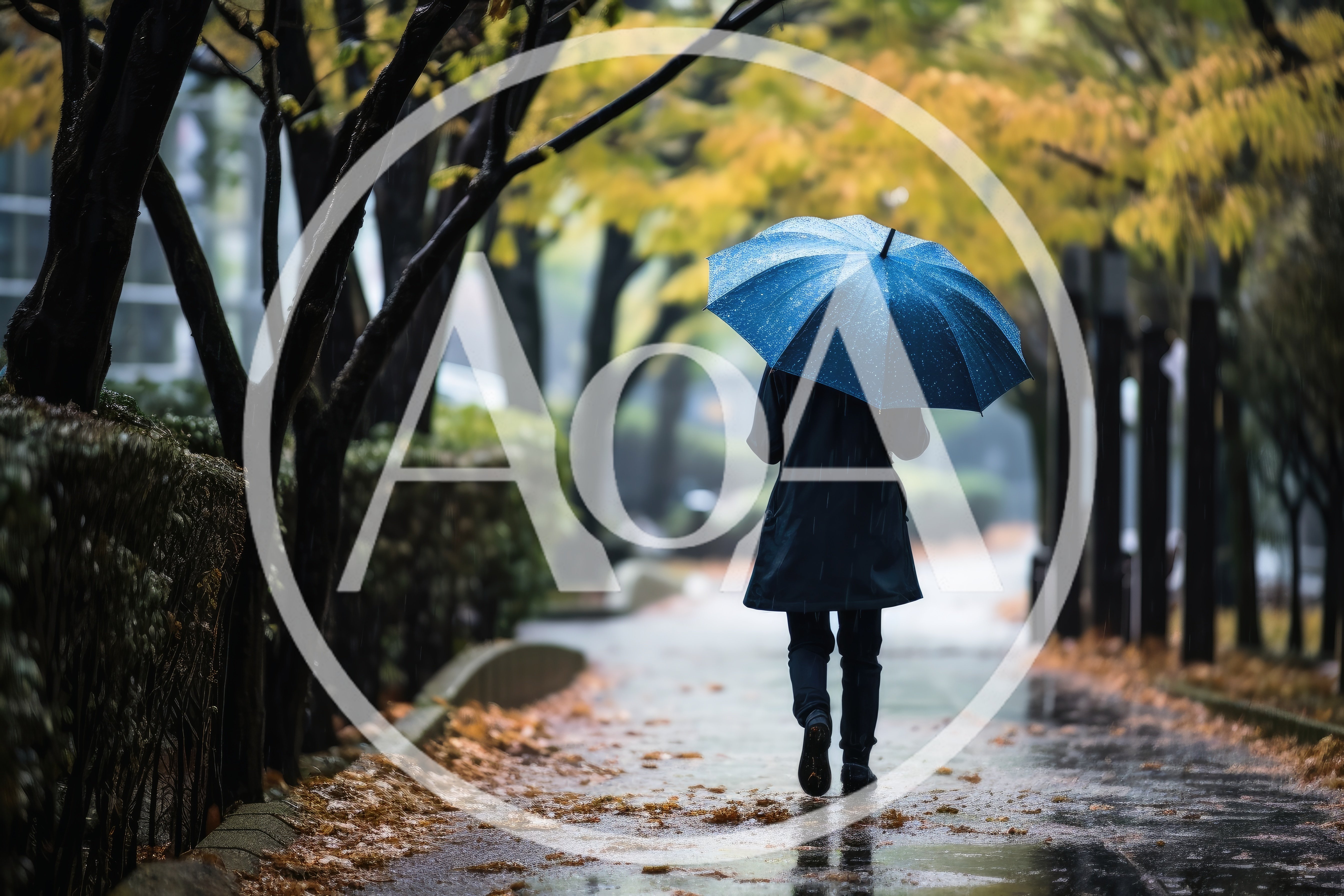 Person Walking With Blue Umbrella In Rainy Autumn Park