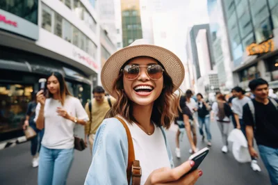 Young Woman Smiling While Walking Through Busy City Street