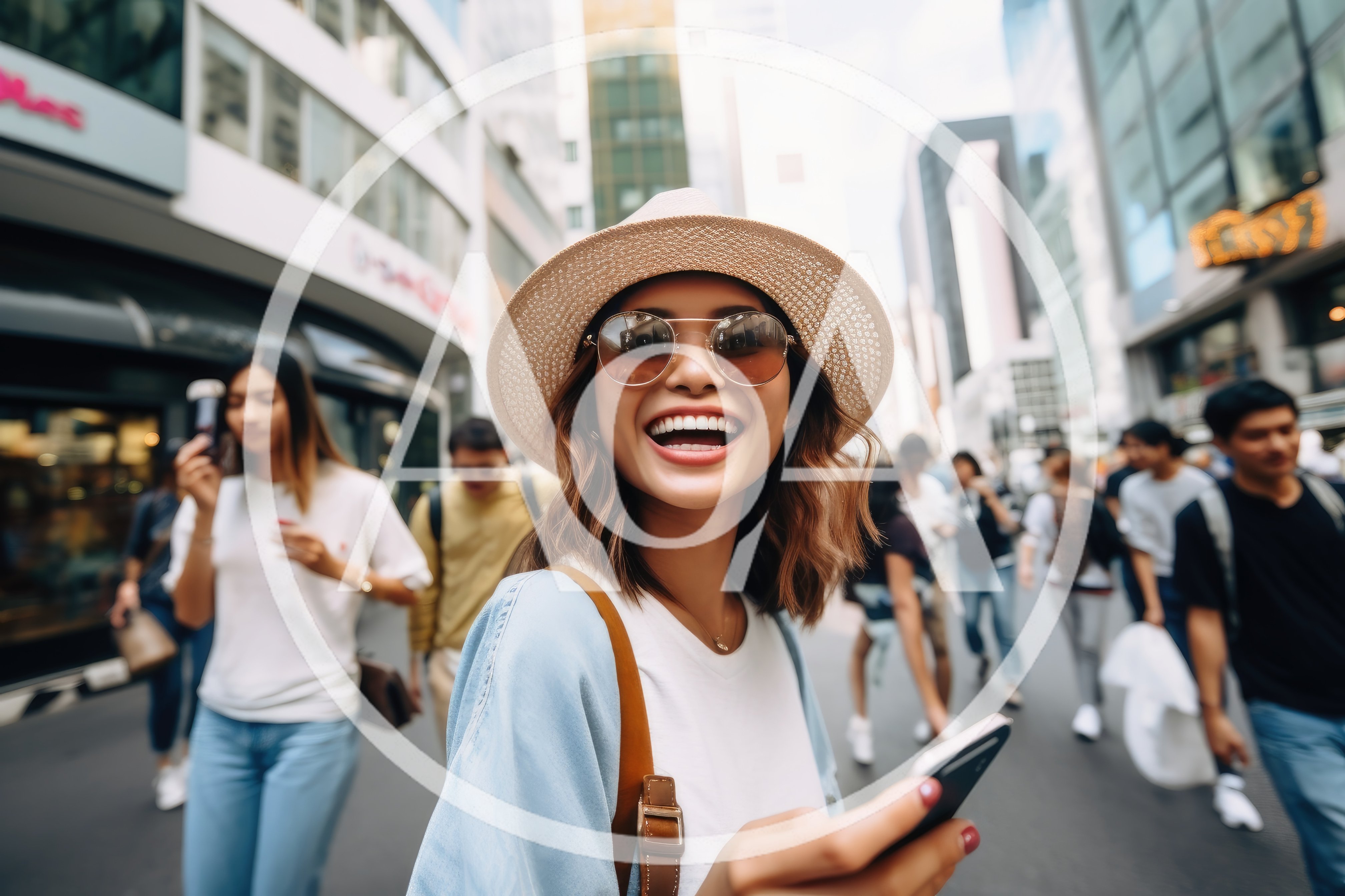 Young Woman Smiling While Walking Through Busy City Street