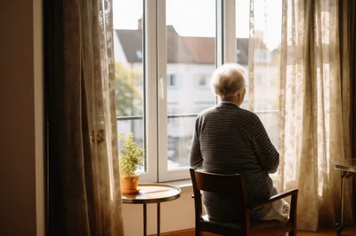 Elderly Woman Sitting Alone Looking Out A Window