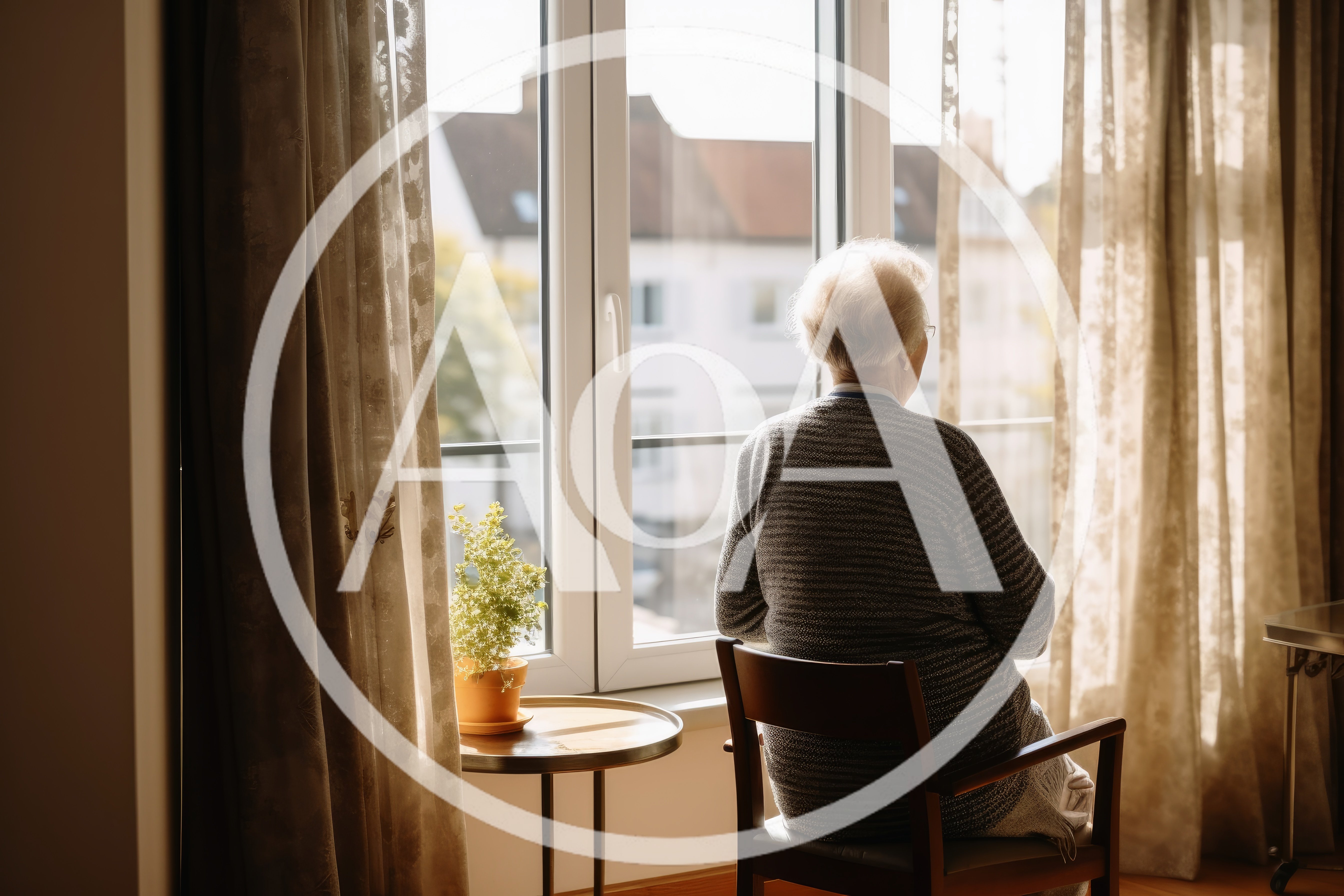 Elderly Woman Sitting Alone Looking Out A Window