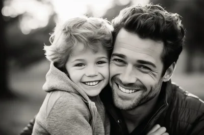 Close Up Portrait Of A Father And Son Smiling
