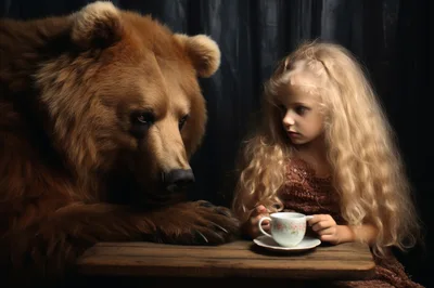 Little Girl Having Tea With A Large Brown Bear