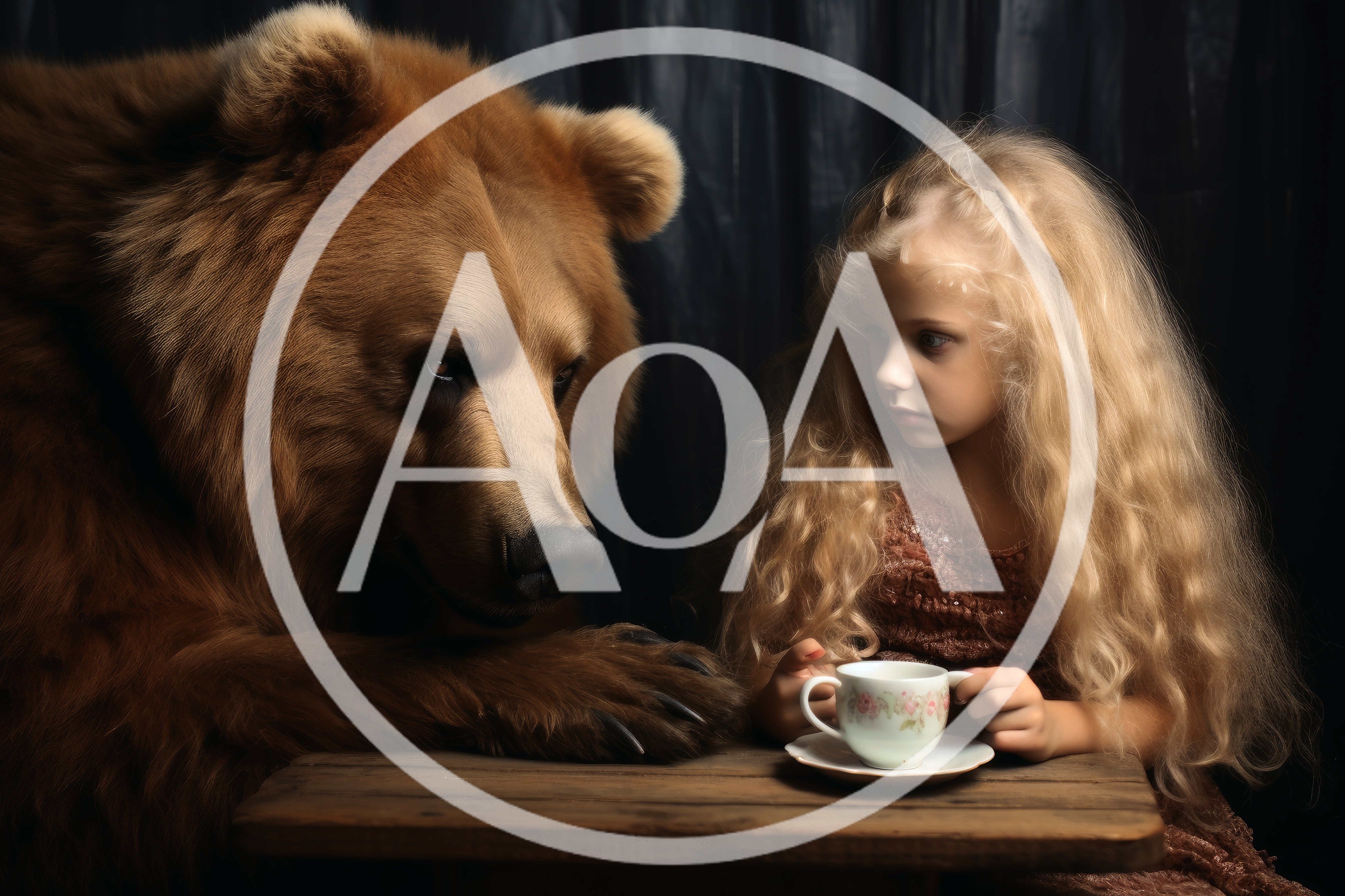 Little Girl Having Tea With A Large Brown Bear