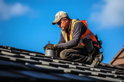 Roofer Installing Ventilation Pipe On Residential Roof