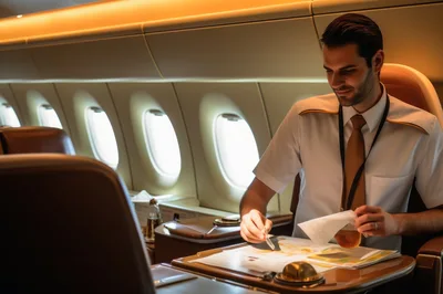 Airline Pilot Reviewing Flight Documents In First Class