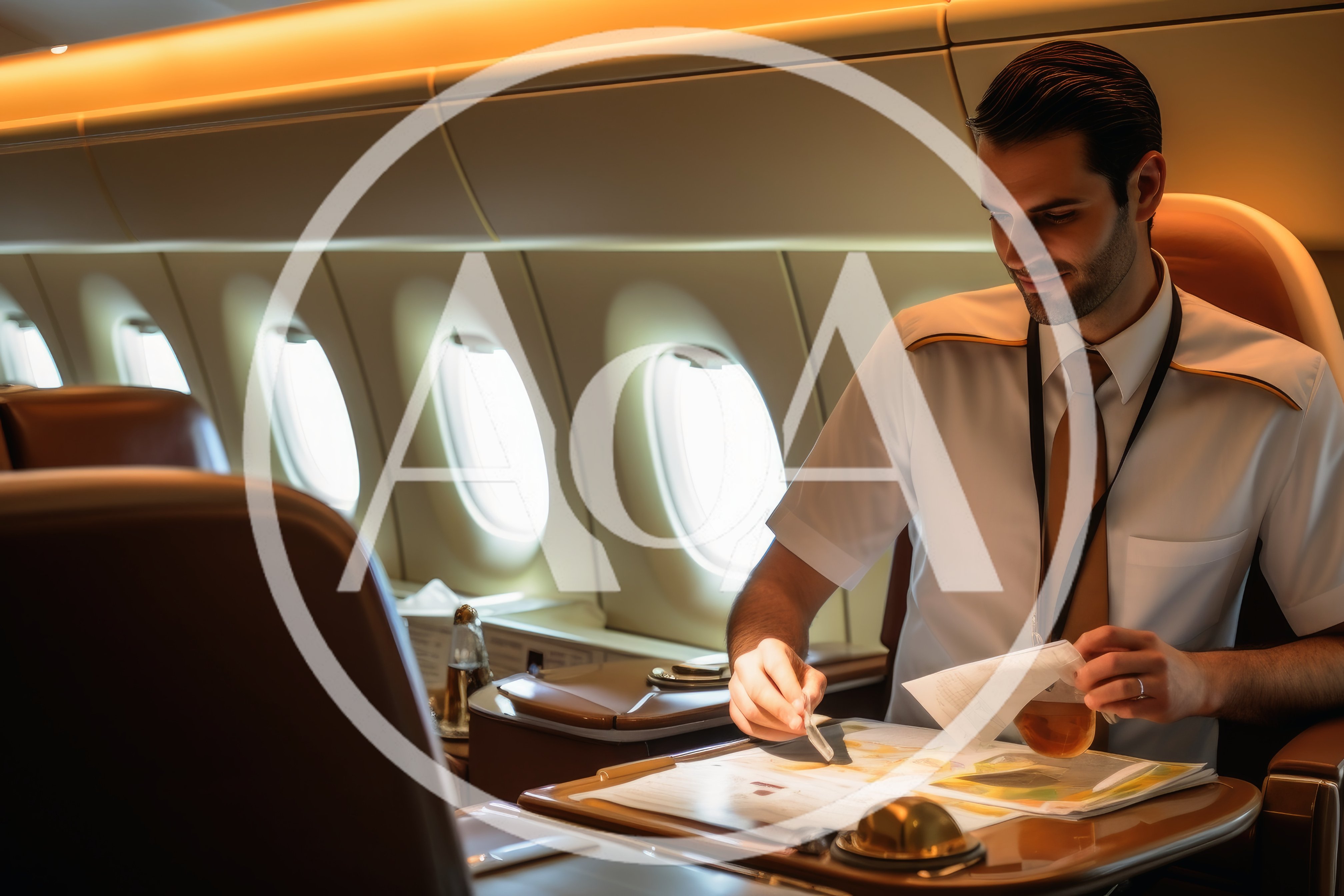 Airline Pilot Reviewing Flight Documents In First Class