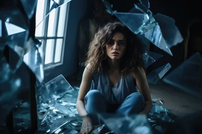 Sad Woman Sitting Amidst Shattered Mirror Glass