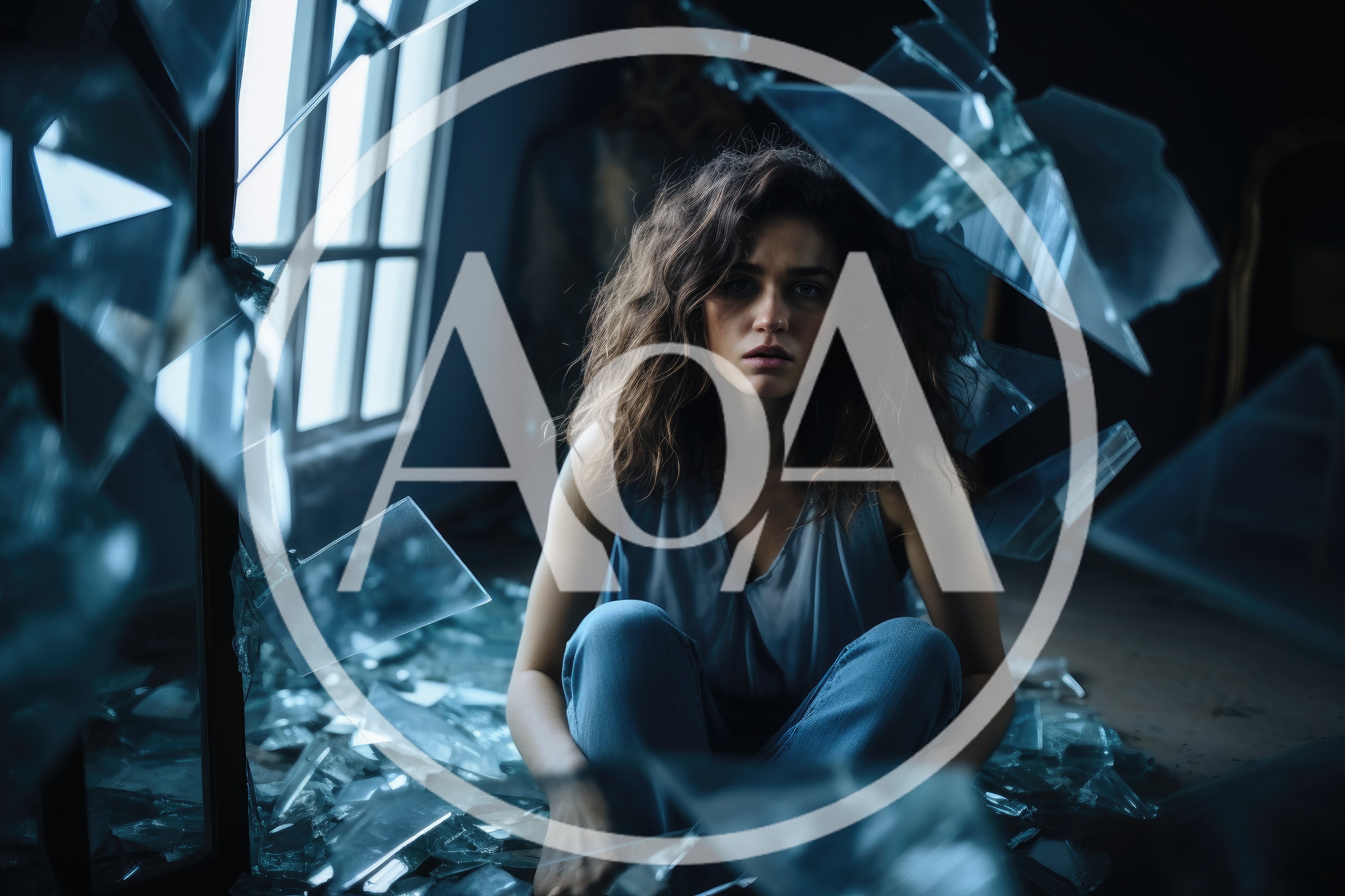 Sad Woman Sitting Amidst Shattered Mirror Glass