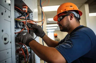 Electrician Working On Industrial Electrical Control Panel