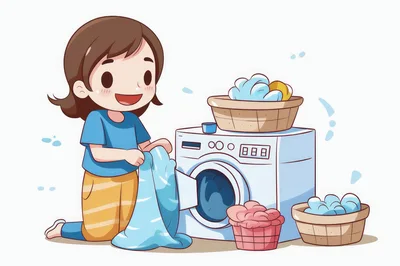 Cute Cartoon Girl Doing Laundry With Washing Machine
