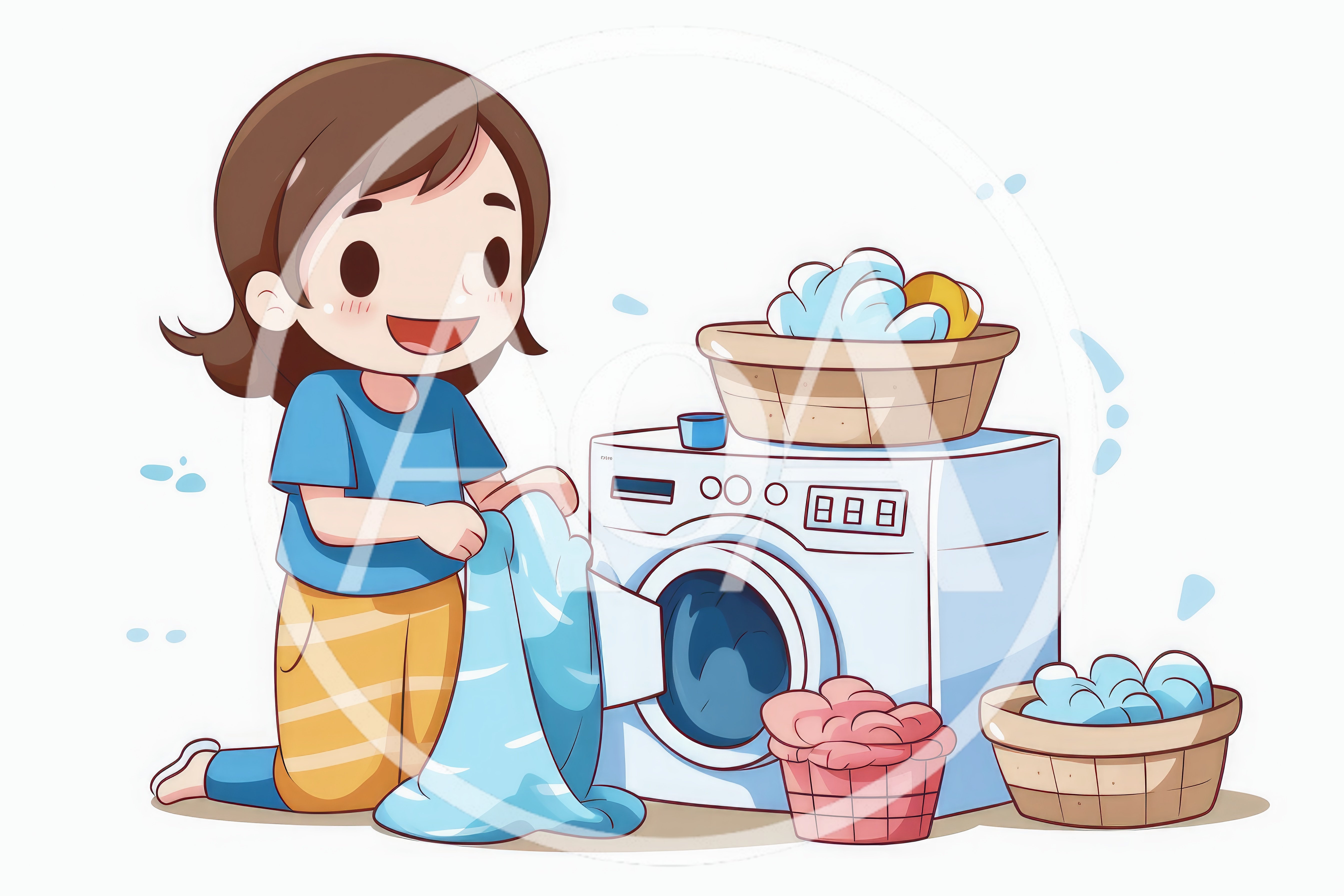 Cute Cartoon Girl Doing Laundry With Washing Machine