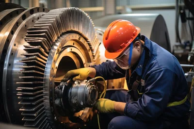 Industrial Technician Inspecting Large Turbine Rotor