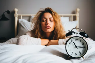 Young Woman Sleeping In Bed With Alarm Clock