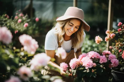 Smiling Woman Tending To Pink Roses In Greenhouse
