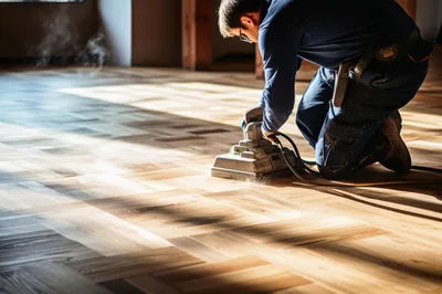 Professional Contractor Sanding Hardwood Parquet Flooring