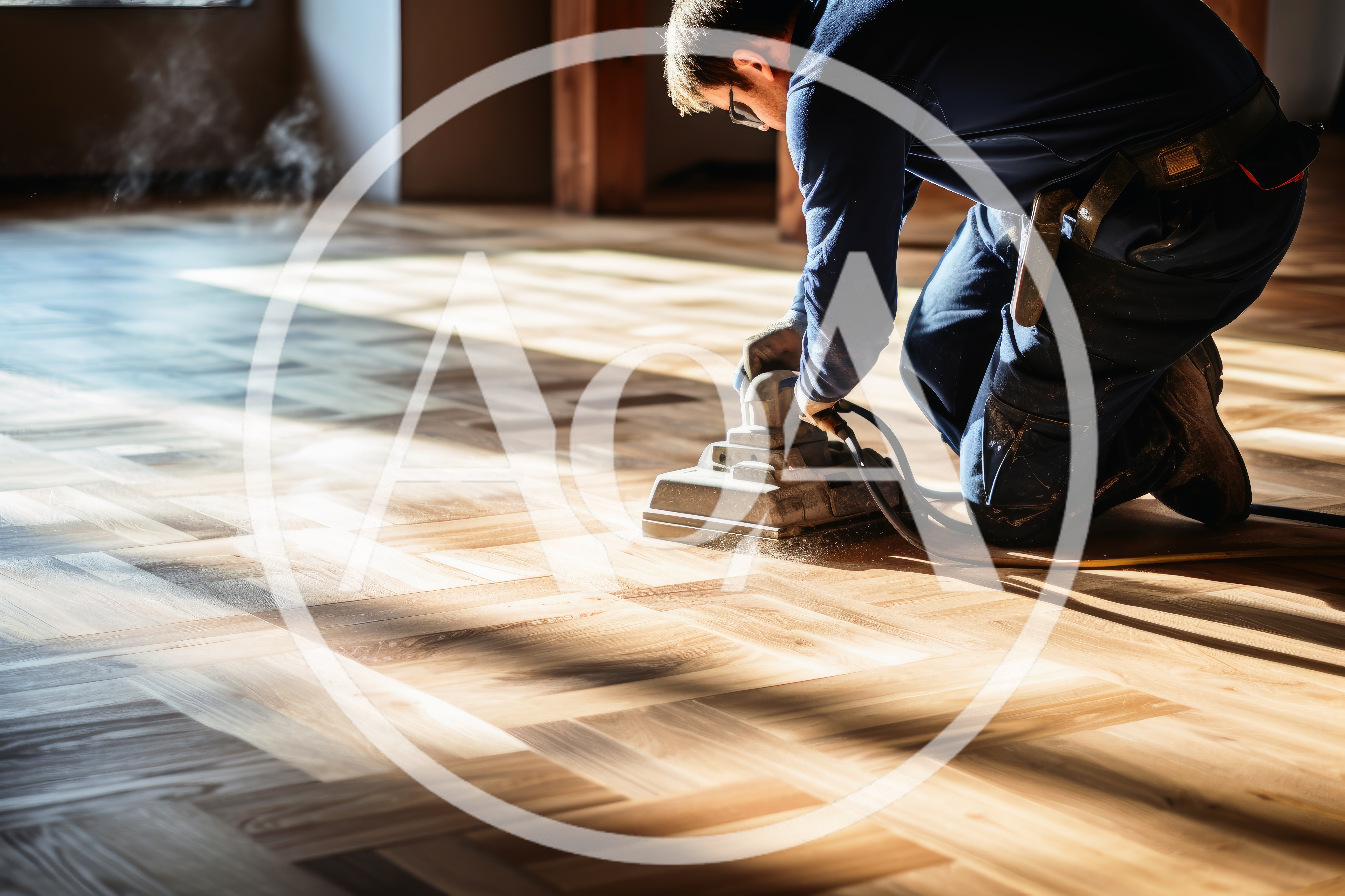 Professional Contractor Sanding Hardwood Parquet Flooring