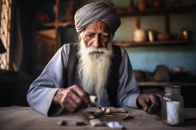Elderly Indian Artisan Crafting Traditional Clay Objects