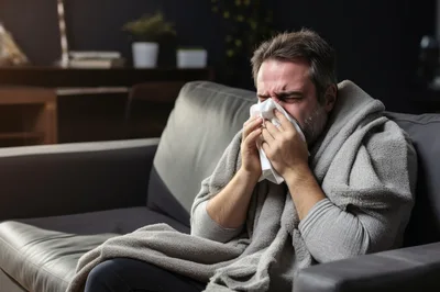 Sick Man Blowing Nose Into Tissue On Sofa