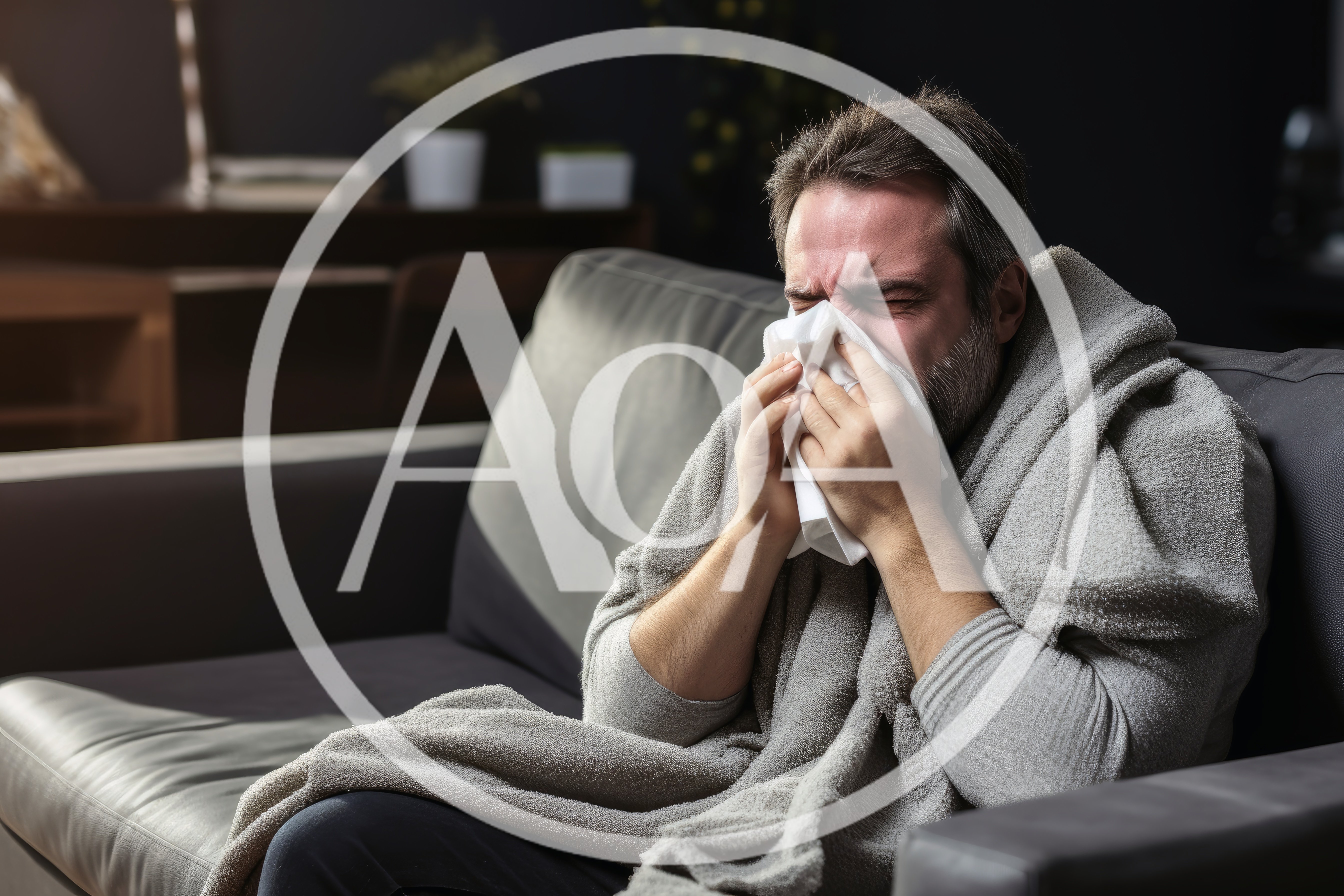 Sick Man Blowing Nose Into Tissue On Sofa