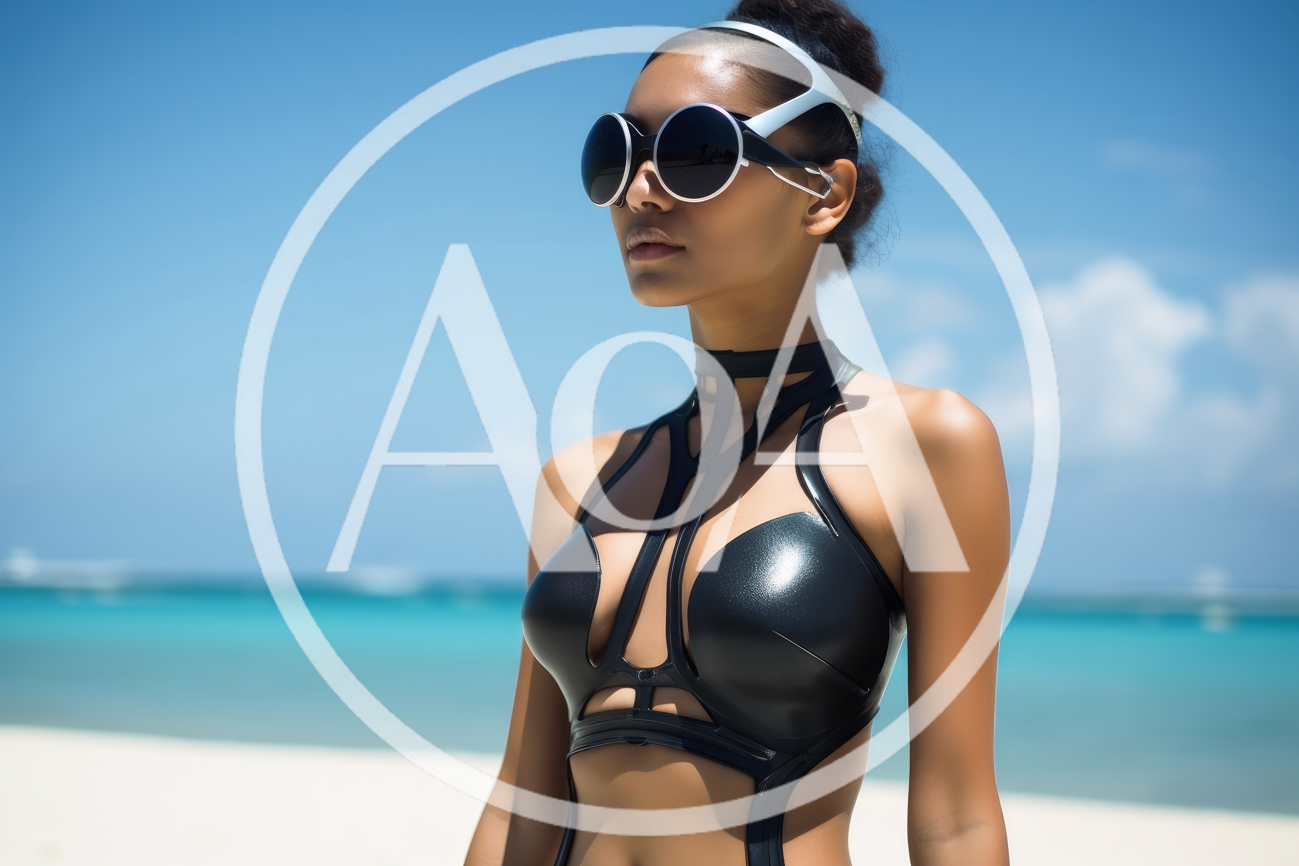 Fashion Model Wearing Futuristic Swimwear On Tropical Beach