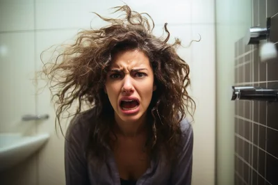 Frustrated Woman With Messy Hair In Bathroom