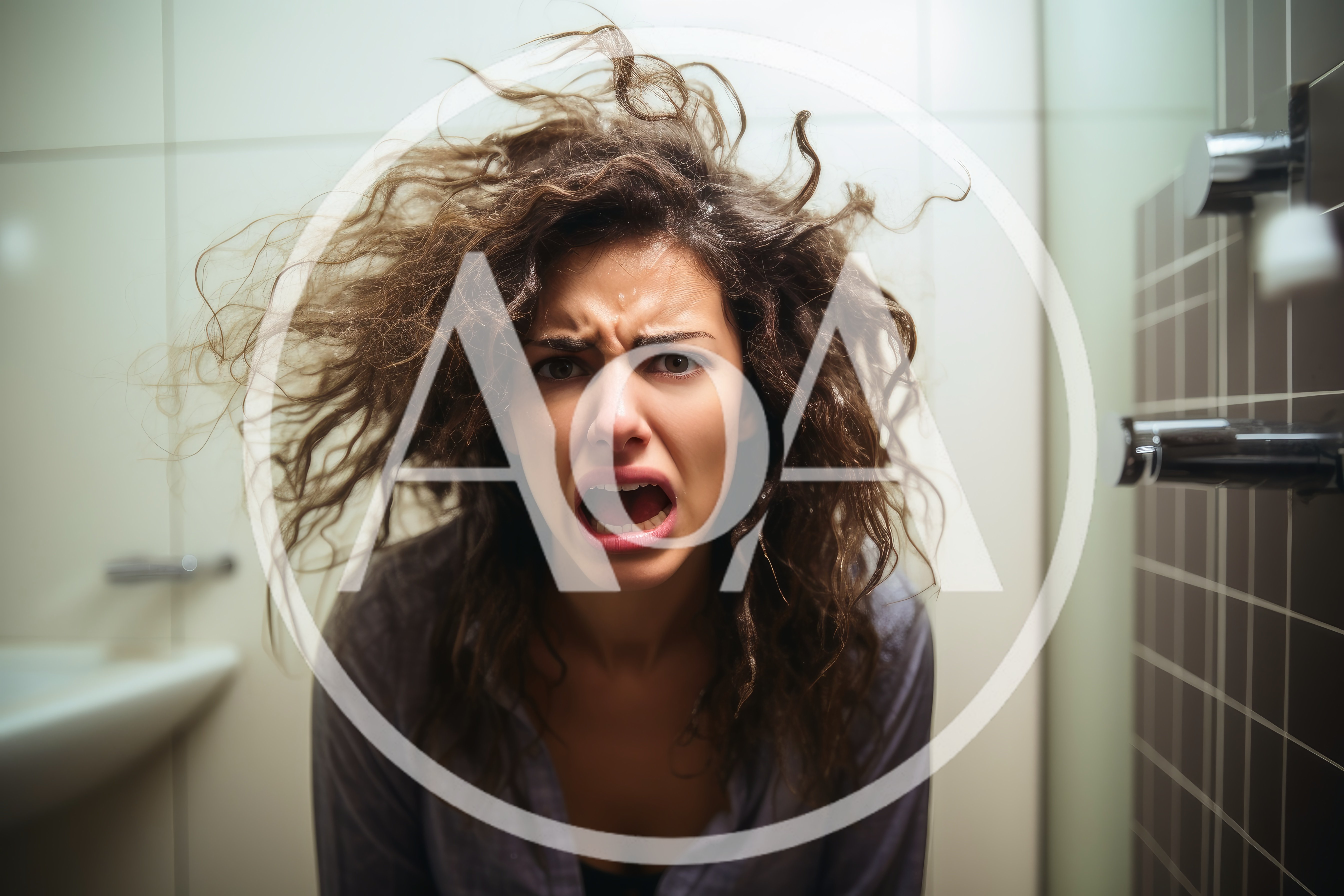 Frustrated Woman With Messy Hair In Bathroom