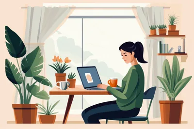 Woman Working On Laptop In A Sunny Home Office