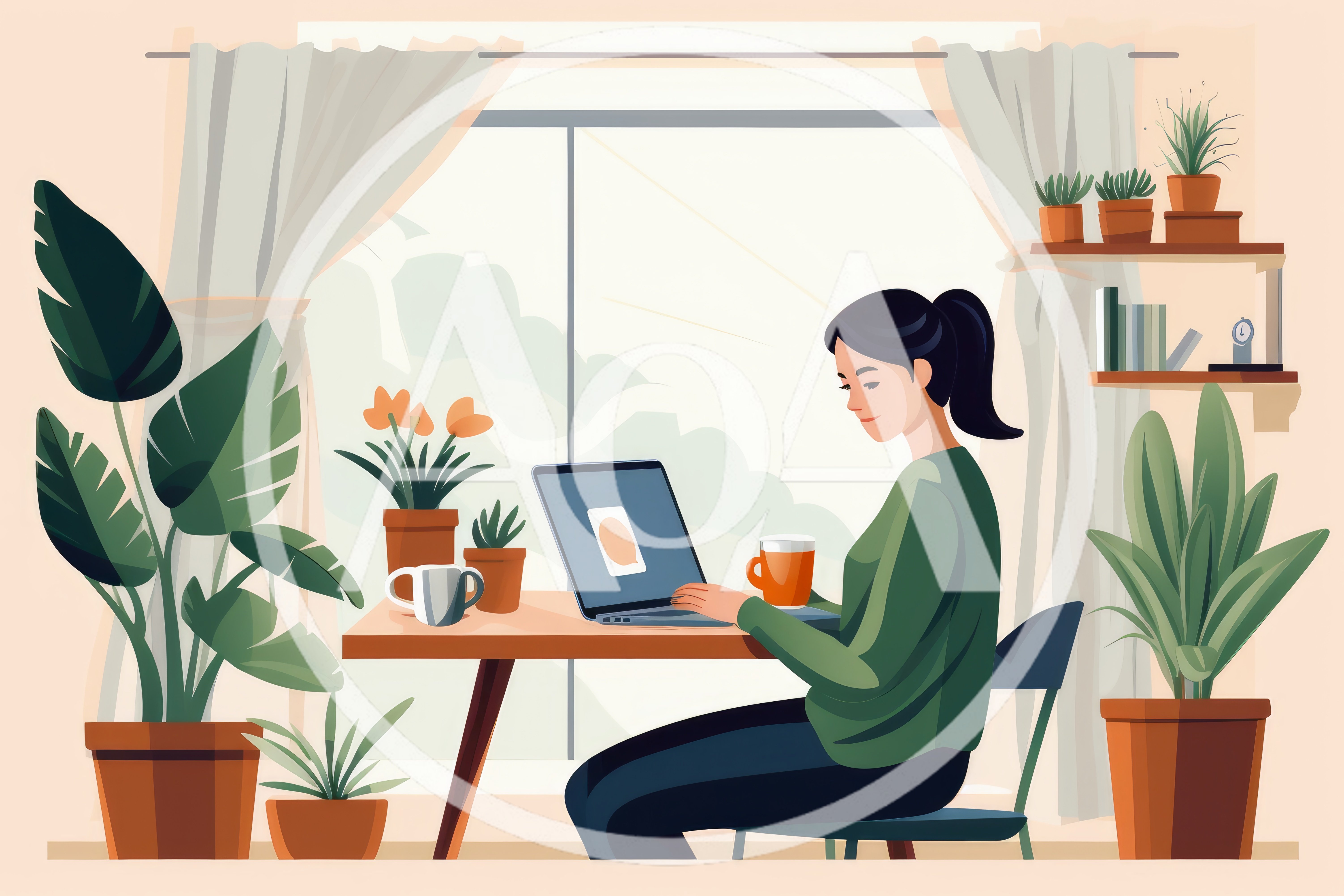 Woman Working On Laptop In A Sunny Home Office