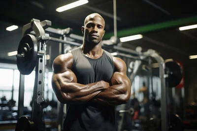 Muscular Bodybuilder Standing With Arms Crossed In Gym