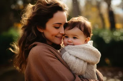 Mother Holding Her Baby In An Autumn Park