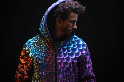 Man Wearing Iridescent Scale Pattern Hoodie