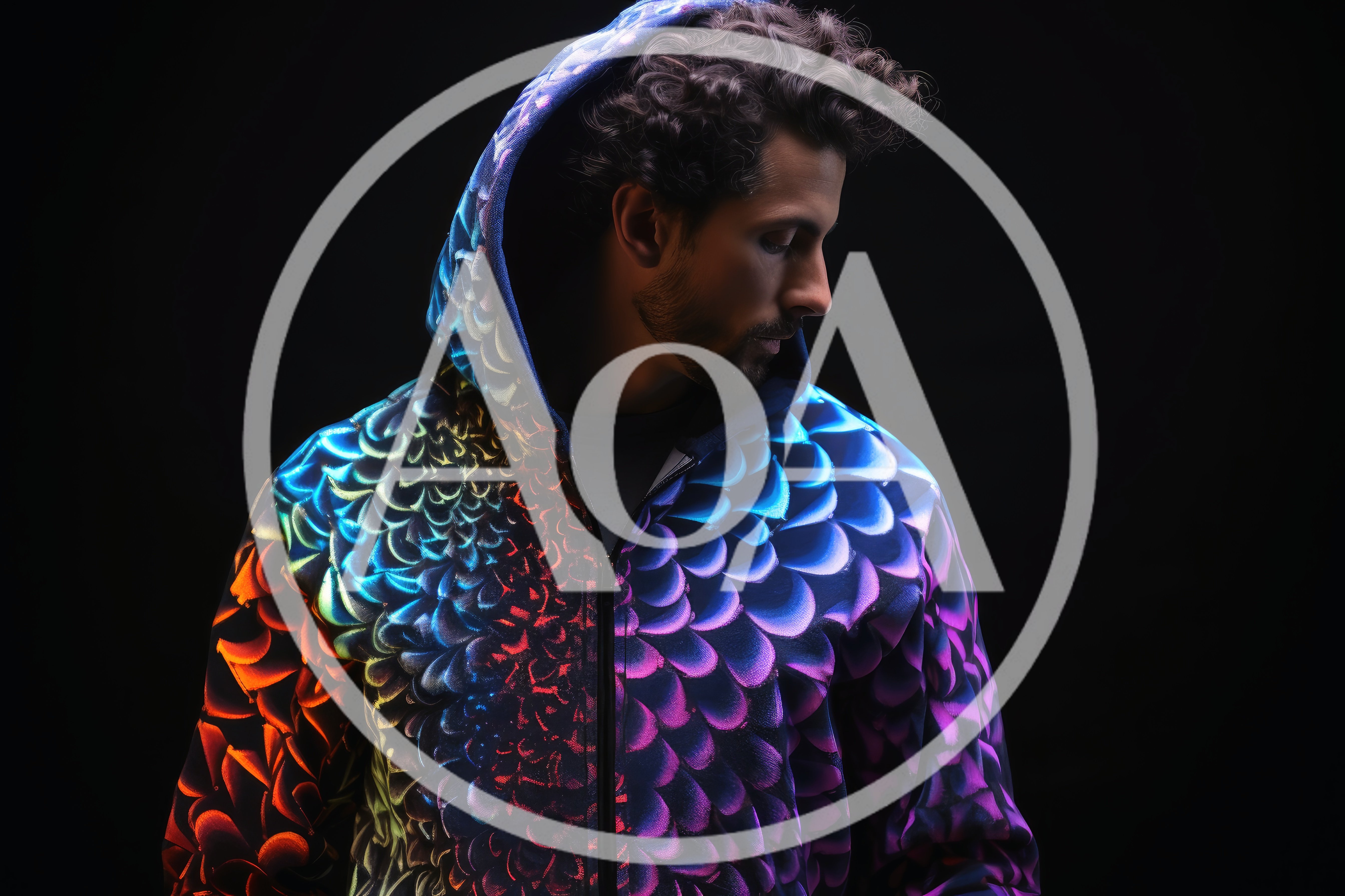 Man Wearing Iridescent Scale Pattern Hoodie