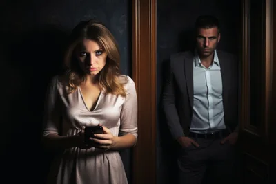 Tense Couple Standing In A Dark Hallway