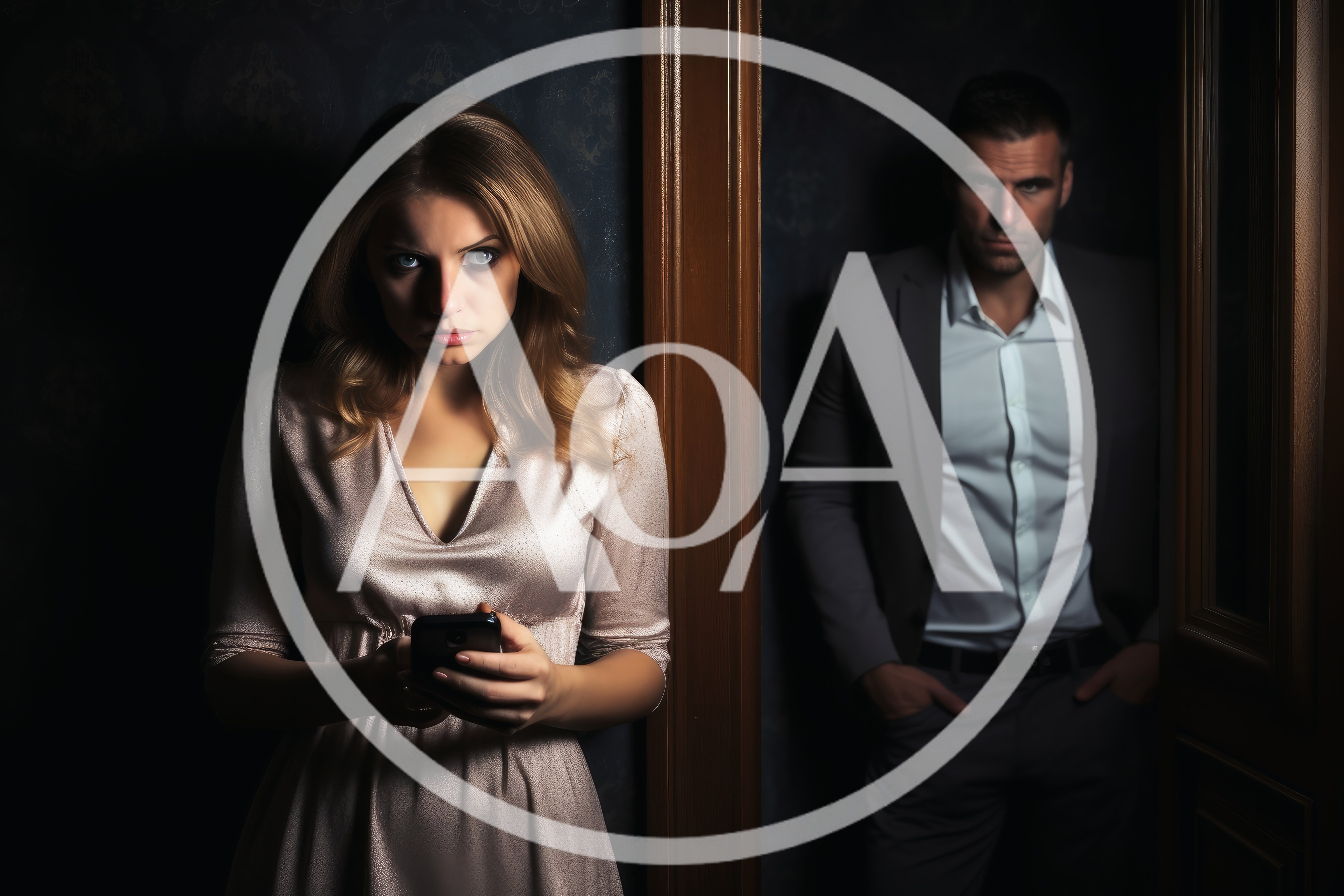 Tense Couple Standing In A Dark Hallway