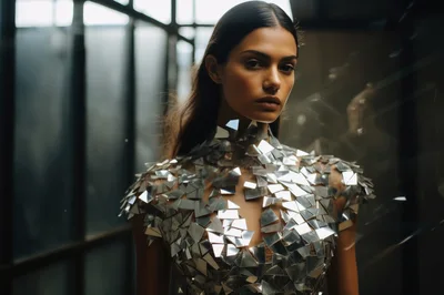 Fashion Model Wearing A Reflective Mirror Shard Dress