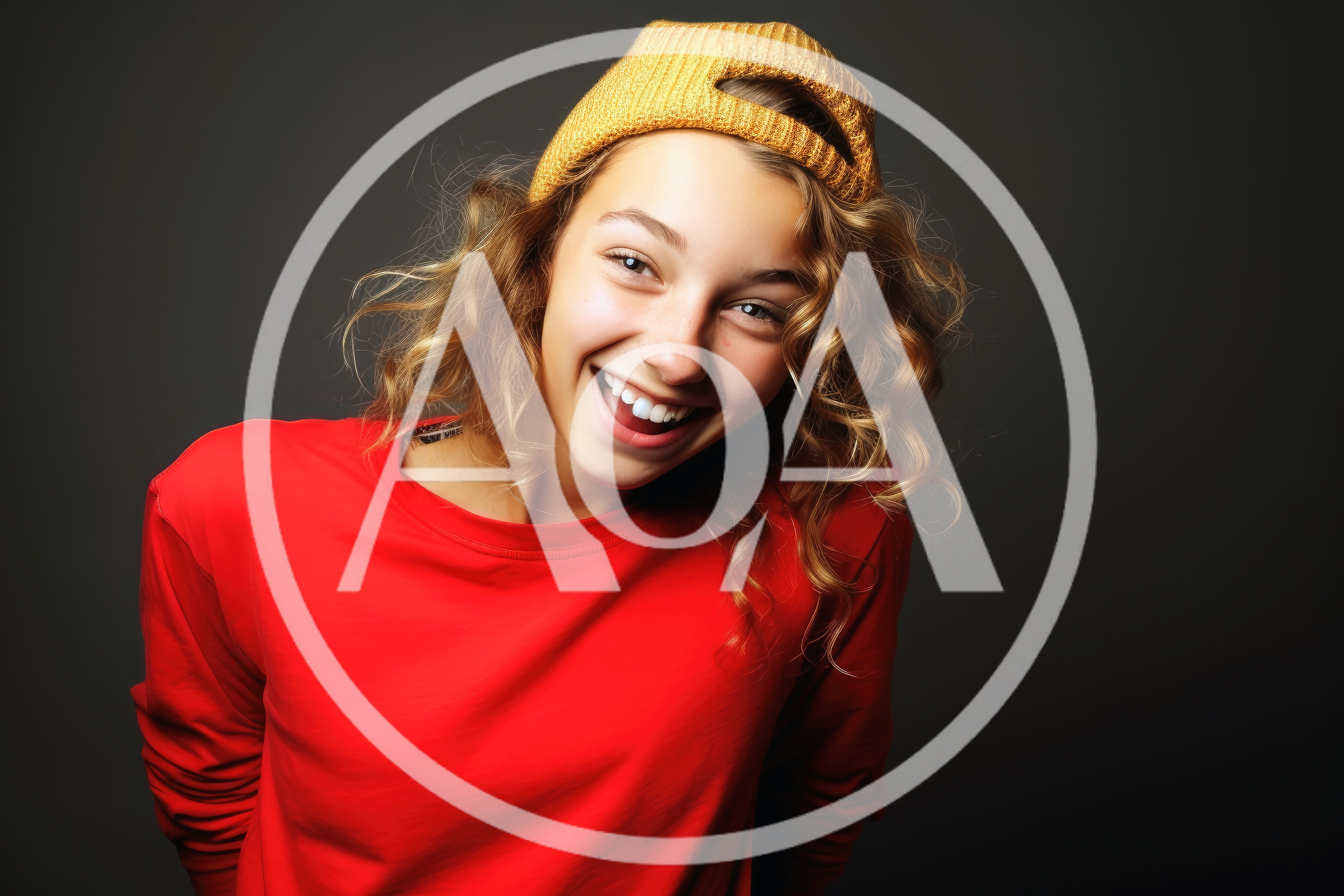 Happy Young Woman Wearing A Yellow Beanie And Red Shirt
